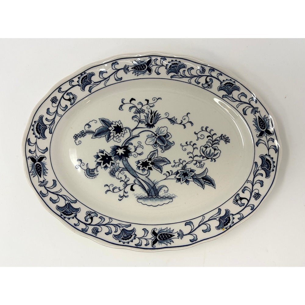 Nikko Double Phoenix Blue Peony Oval Serving Platter Ironstone Japan Scalloped